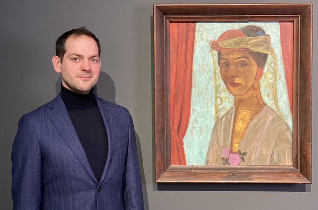 Zelfportret met hoed en sluier