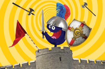 ridder Tikkit de museumkidsmascotte op een kasteeltoren